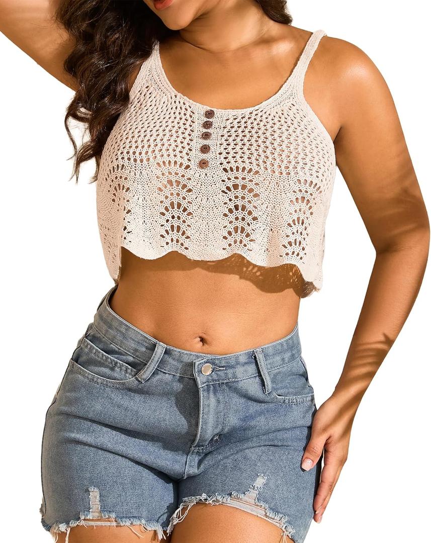 Women's Crochet Tank Top Sleeveless Scoop Neck Hollow Out Knit Cami (Beige, L)