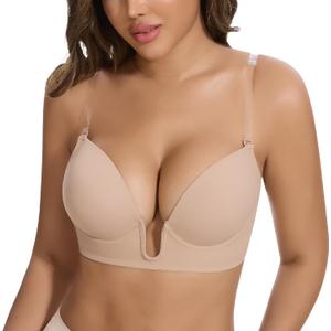 JOYSHAPER Plunge Bras for Women Backless Push Up Bras Low Cut Padded Bras Shaper Convertible with Clear Straps Dress Bra (M)