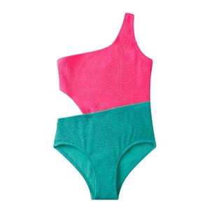 LIZENS Girls' One Piece Swimwear Cutout One Shoulder Swimsuit in Color Clash Swimsuits for Girls Size 2-16(BD410,14/16) Rose Red