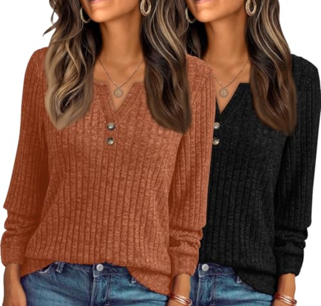 KILISU Long Sleeve Shirts for Women V Neck Lightweight Sweaters Fall Tops Tunic Cute Casual Loose Fashion Clothes 2025. Large