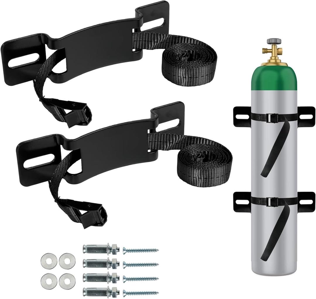 2PCS Gas Cylinder Wall Mounted Brackets, with 59 inches Safety Nylon Belt, Steel Propane Tank Holder, Heavy Duty Oxygen Nitrogen Tank Bracket for OTG Rv Water Softener - Black