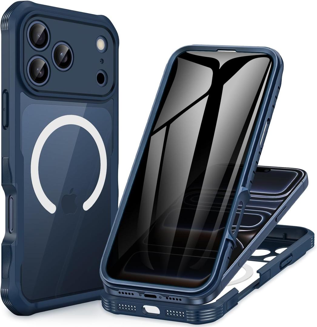 CENHUFO Magnetic Privacy for iPhone 17 Pro Max Case [Compatible with Magsafe] Full Body Phone Case Built-in 9H Tempered Glass Privacy Screen Protector, Camera Protection Shockproof Cover - Blue
