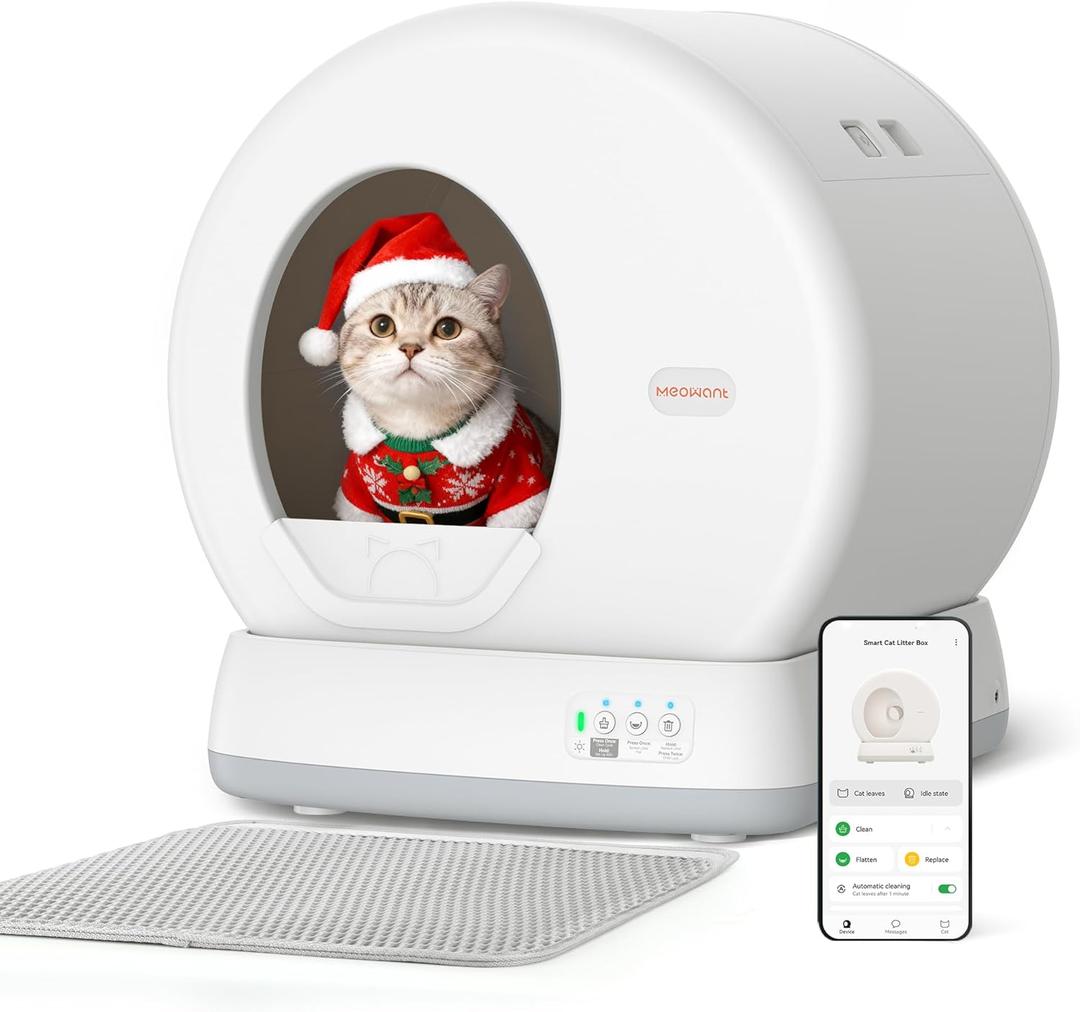 MeoWant Self-Cleaning Cat Litter Box, Integrated Safety Protection Automatic Cat Litter Box for Multi Cats, Extra Large/Odor Removal/APP Control Smart Cat Litter Box with Mat & Liner