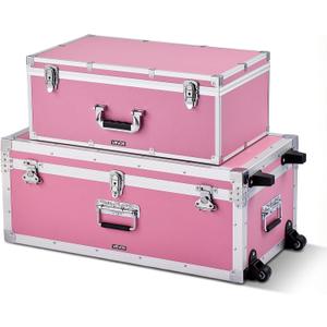 VEVOR Storage Trunk, Set of 2, Wooden Suitcase Storage Boxes with Padlocks, Large Trunk Includes Casters and 3 Metal Handles, Decorative Store Chest with Lids for Travel, Apartment, Dorm, Pink
