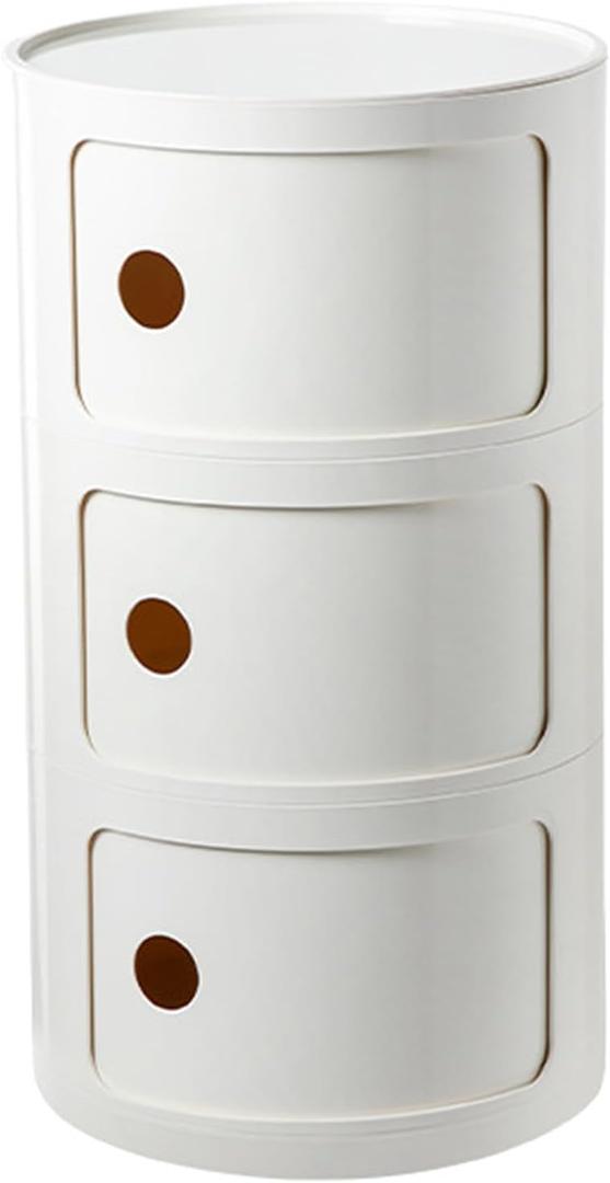 3 Drawers Round Nightstand with Storage, White Side Table Plastic Round Nightstand 3 Tier Small Drawers for Bathroom, Bedroom