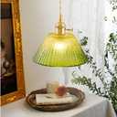 Plug in Pendant Light Vintage, Dimmable Pulley Hanging Lamp with Gradient Green Glass Shade, Brass Hanging Lights with Plug in Cord for Living Room, Compatible with Indoor Plant Grow Light Bulbs