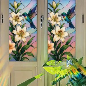 Hummingbird Lily Privacy Film Decorative Panel Static Cling No Glue Light Filtering Glass Cover for Kitchen Door Bathroom Studio 17.7x39.3 inch