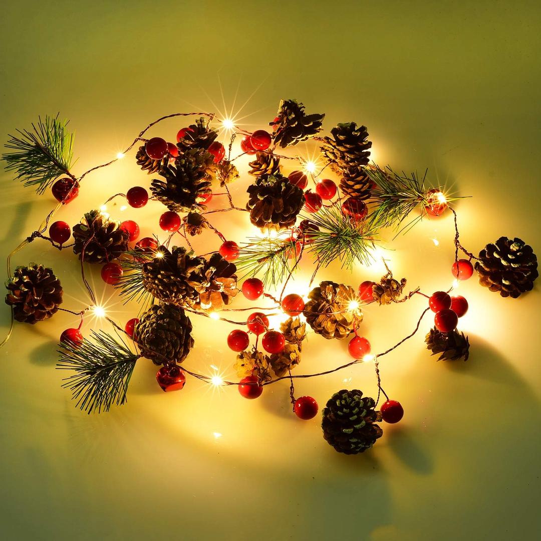 DearHouse 6.7FT Christmas Pine Cone Garland with Lights, 20 LED Red Berry Battery Operated, Christmas Decorations for Home, Fireplace Garland