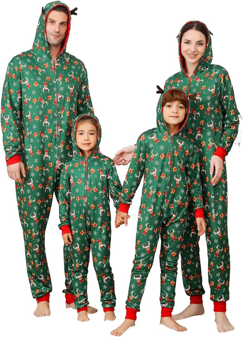 ANGELGGH Family Matching Christmas Onesie, Cute Vacation Xmas Print One Piece Pajamas, Hooded Holiday Sleepwear Nightwear PJs (Green, M)