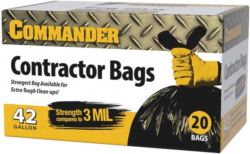 Commander 42 Gallon 3 MIL (eq) Heavy Duty Contractor Bags with Flap Ties - 32" x 46" - Pack of 20 - For Contractor, Industrial, & Outdoor (Black)