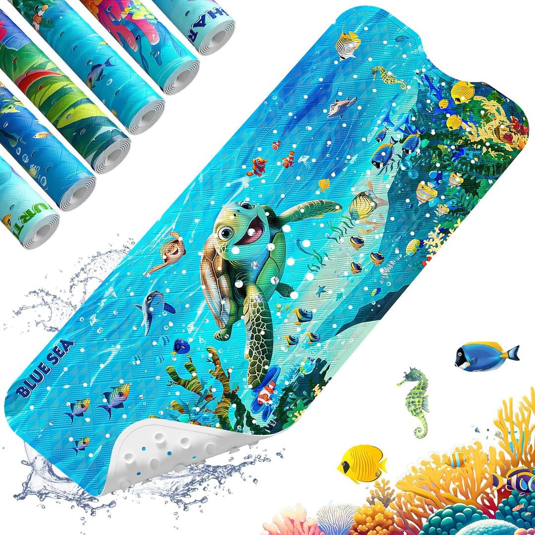 XIYUNTE Baby Bath Mat for Tub Non Slip Kids Bath Mat - 40''x16'' Extra Long Cartoon Bathtub Mat Non Slip Kids Shower Mat Eco-Friendly Toddler Bath Mats with Suction Cups, Machine Washable (C-blue Sea)