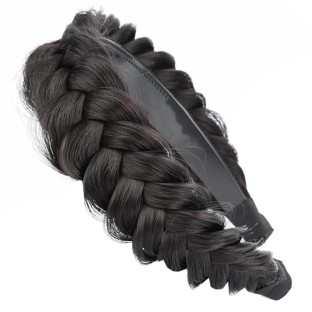 Wide Braided Headband With Teeth Braids Hairband With Tooth Synthetic Hair Band Plaited Hairband For Women (W-Deep Brown)