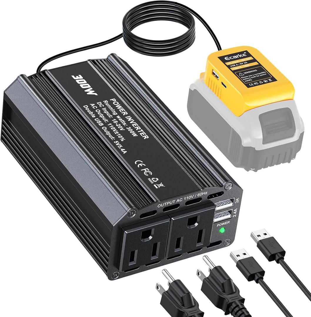 Ecarke 300W Portable Power Inverter Compatible with DeWALT 20V Battery, DC 20V to AC 110V Power Station with 2 AC Outlets, 3 USB Ports & 1 Type-C 18W, for Camping RV Emergency Use (No Battery) (Yellow)