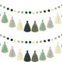 Syhood 4 Pcs Christmas Pom Pom Tassel Garland Felt Pompom Ball Banner Christmas Tassel Garland for Xmas Tree Hanging Decorations Party Supplies Home Decor(Sage Green)