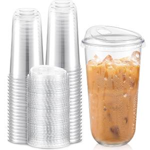 Baderke 50 Pcs Plastic Cups with Sip Lids Round Bottom Disposable Plastic Coffee Cups with Lids Clear Strawless Crystal Mugs for Iced Coffee Smoothie Cold Beverage Party Catering Supplies (20 oz)