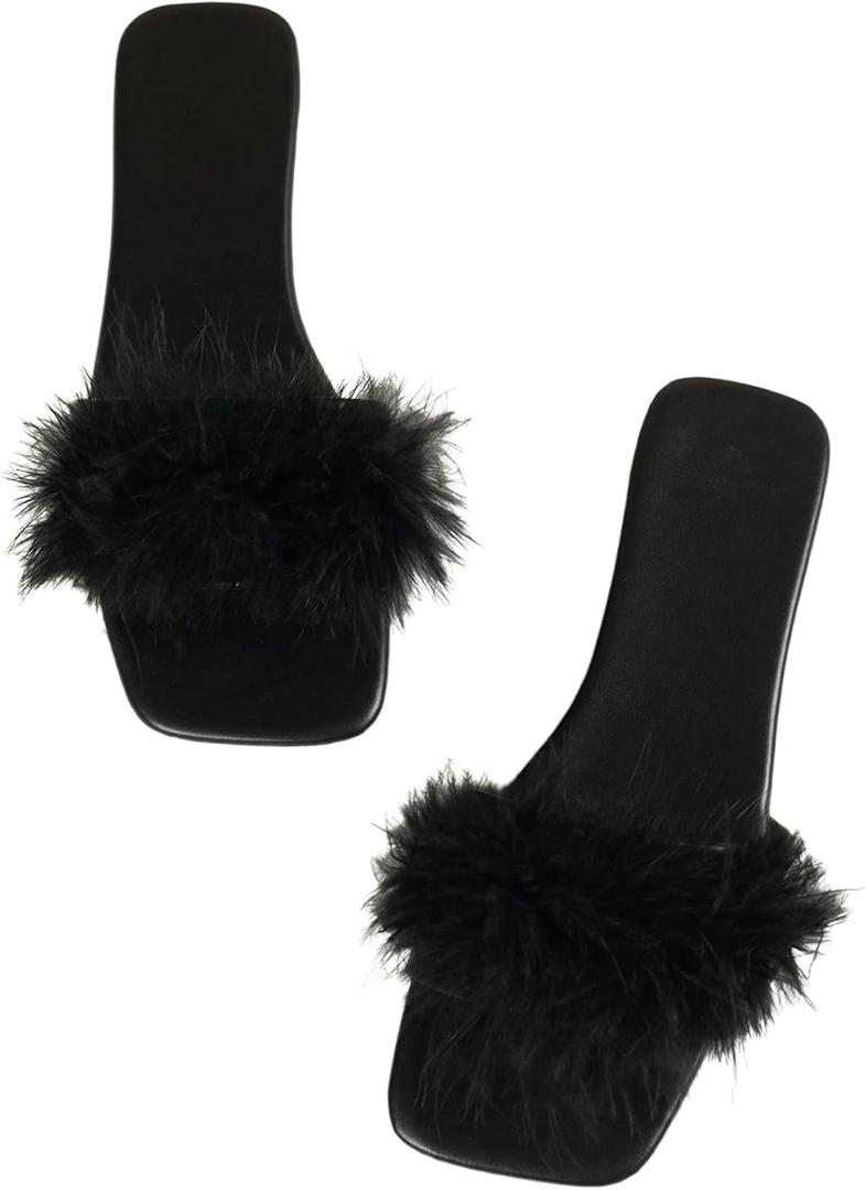 BEAUDRM Women's Sexy Flat Sandals Fuzzy Feather Dressy Flat Sandals Slip On Square Slipper Open Toe Fuzzy Slides Slippers, 8, Black