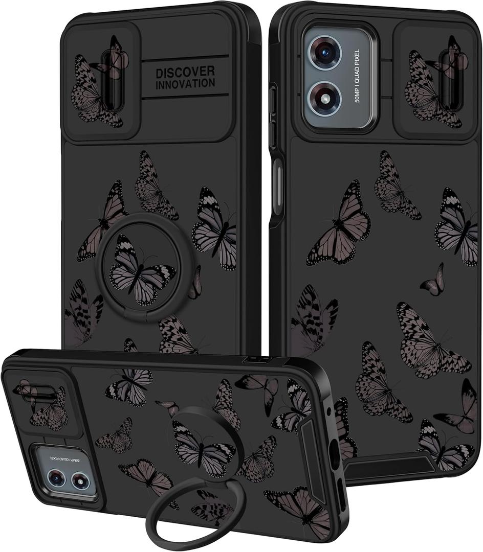 Funermei for Moto G Play 4G 2024 Case - Women Girls Cute Phone Cover Girly Pretty Aesthetic Black Butterfly Unique Design with Camera Cover and Ring Stand Funda for Motorola G Play 4G 2024