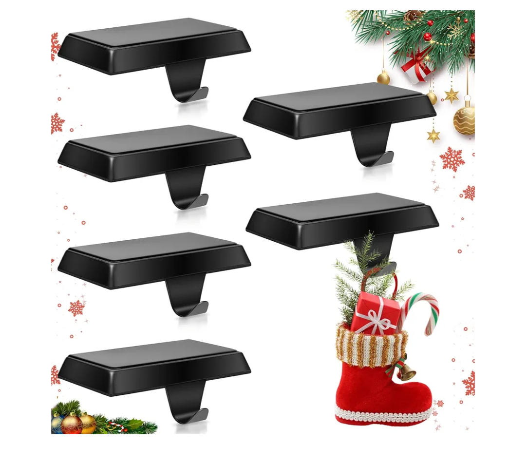 Homjoy 6 Pack Metal Christmas Stocking Holders for Mantle Heavy Duty Stocking Hangers Stocking Hook Christmas Ornaments for Counter Tables Window Fireplace Mantle Decoration (Black)