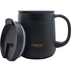 PINKAH 11OZ 330ML Stainless Steel Insulated Coffee Mug with Handle, Double Wall Stainless Steel Tumbler Cup with Two Lids, Black