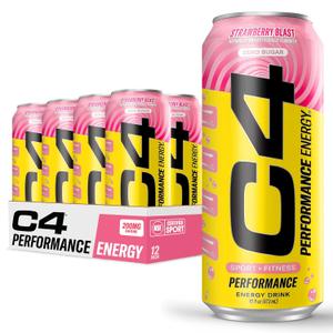 Cellucor C4 Performance Energy Drink | Strawberry Blast | Zero Sugar Carbonated Preworkout Energy | 200mg Caffeine with Beta Alanine | 16 Fl Oz (12 Pack), Best By: 11/2026