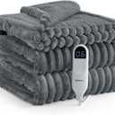 Bedsure Electric Blanket Twin - Thick Striped Flannel Electric Blanket, Heating with 10 Time Settings, 6 Heat Settings, and 8-Hour Timer Auto Shut Off, Gift for Grandma (62x84 inches, Grey)
