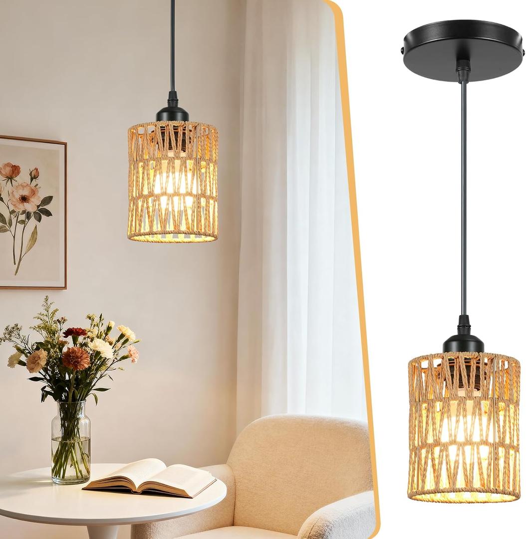 Rattan Pendant Light Kitchen Island, Mini Wicker Pendant Light, Premium Dried Rattan, Adjustable Hand Woven Boho Hanging Lamp for Dining Room Hallway, Sloped Ceiling Compatible, E26 (Beige-W12cm)