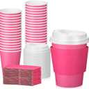 Patelai 48 Pcs 12 oz Disposable Coffee Cups with Lids and Sleeves Bulk, Insulated Hot Chocolate Paper Cup for Hot and Cold Beverage Water Juice Cocoa Tea Party Restaurants Travel Supplies (Dark Pink)
