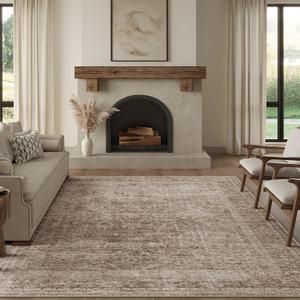 FMFUNCTEX 9x12 Washable Area Rug Vintage Neutral Distressed Large Taupe Non Slip Carpet for Living Room Bedroom Soft Low Pile Indoor Mat Retro Floral Throw Rug for Dining Room Kitchen Office Nursery