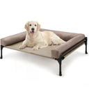 Veehoo Elevated Raised Dog Bed-Cooling Outdoor Dog Cot Bed for Large Sized Dogs Three-Sided Fence Raised Pet Cot with Mesh &No-Slip Feet Dog Hammock Bed with Removable Bolster-35 x 22" Beige Coffee