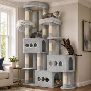 Gitelsnour Sturdy Cat Tree Tower, 3 XXL Condos for Large Adult Cats GCT036W
71.7'' Heavy Duty Cat Tower with Sturdy Base, 10 Scratching Posts & 3 Platforms for 20 lbs+ indoor Cats, Light Gray