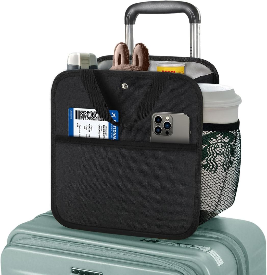 11 inch Luggage Travel Cup Holder for Suitcase Large Capacity Drink Carrier,Over Luggage Organizer with Handle Strap Carry on Hands Free Travel Accessories (black)