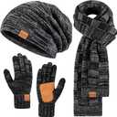 Mens Hat Gloves Scarf Set Winter, Slouchy Beanie 3 in 1 Warm Set, for Men, Mens Stocking Stuffers (Mix-black)