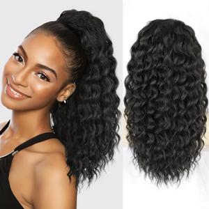Ponytail Extension, Curly Drawstring Ponytail Extension for Women 18 Inch Curly Wavy Ponytail Yaki Textured Natural Fluffy Synthetic Hairpiece for Daily Use