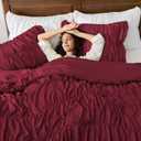 Ruched Burgundy Oversized Queen Size Comforter Sets, 3 Pieces | Shabby Chic Ruffle Bedding Set, Boho Pleatd Comforter for Girls, Kids, Women, Lightweight Soft Bed Set , All Season