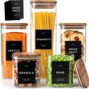 Glass Pantry Storage Jars Containers with Acacia Lids and Labels - Set of 5 | Extra Thick Square Glass Canisters with Acacia Wood Lids and 54 Pre-printed Pantry Labels keeps dry Goods Fresh and Organized