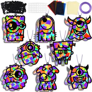 32 Sets Halloween Monster Suncatchers Craft Kit DIY Window Stained Glass Effect Halloween Monster Paper Crafts Home School Classroom Decoration Kid Birthday Gift Creative Art Project Activity Game