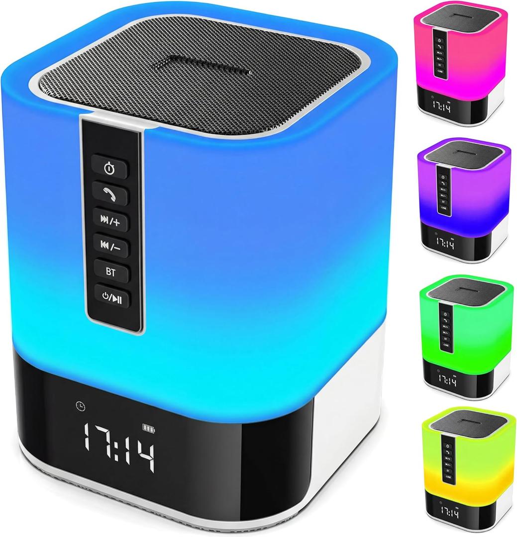 Hetyre Night Light Bluetooth Speaker, 5 in 1 Touch Control Bedside Lamp Dimmable Multi-Color Changing, Bedroom Alarm Clock, Best Birthday Gift Ideas for 10 11 12 13 14 Year Old Teenage Girls/Boys