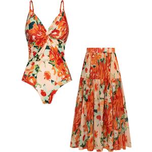 GRACE KARIN Women's One Piece Swimsuits with Cover Up Skirt Tummy Control V Neck Bathing Suits Orange Floral, Small