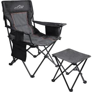 FAIR WIND Oversized Padded Camping Chair with Footrest Stool Set Heavy Duty Support 300 LBS Cooler Bag - Black, Single Pack