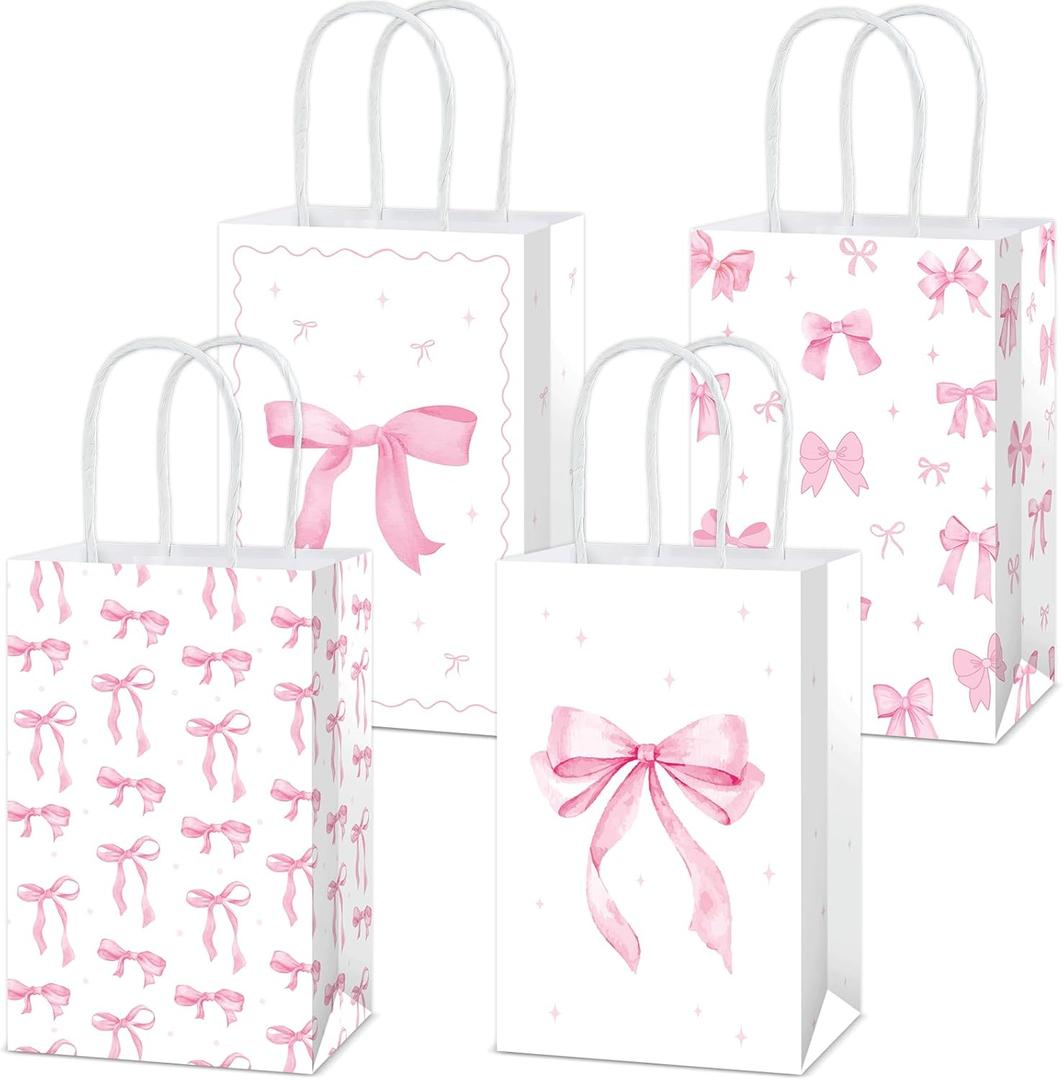 12Pcs Pink Bow Party Favor Bags Bow themed Goodie Bags Candy Bag for Birthday Party Decoration Gift Treat Bag with Handles for Bachelorette Engagement Baby Bridal Shower Supplies