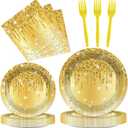 96 PCS Golden Birthday Party Decorations Tableware Set for Golden Themed Happy Birthday Supplies Diamond Gold Plates Napkins Forks for 24 Guests Men Women Anniversary Engagement Wedding Party Favors