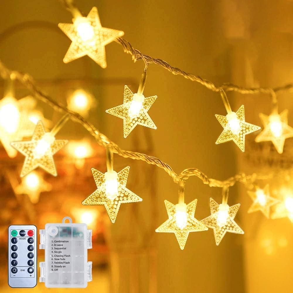 Brightown Star String Lights Battery Operated - 17 ft 50 LED Star Fairy String Lights with Remote and Timer, 8 Modes Waterproof for Bedroom Tent Loft Bed Patio Party Wedding Decor, Warm White Brightown Star String Lights Battery Operated - 17 ft 50 LED Star Fairy String Lights with Remote and Timer, 8 Modes Waterproof for Bedroom Tent Loft Bed Patio Party Wedding Decor, Warm White