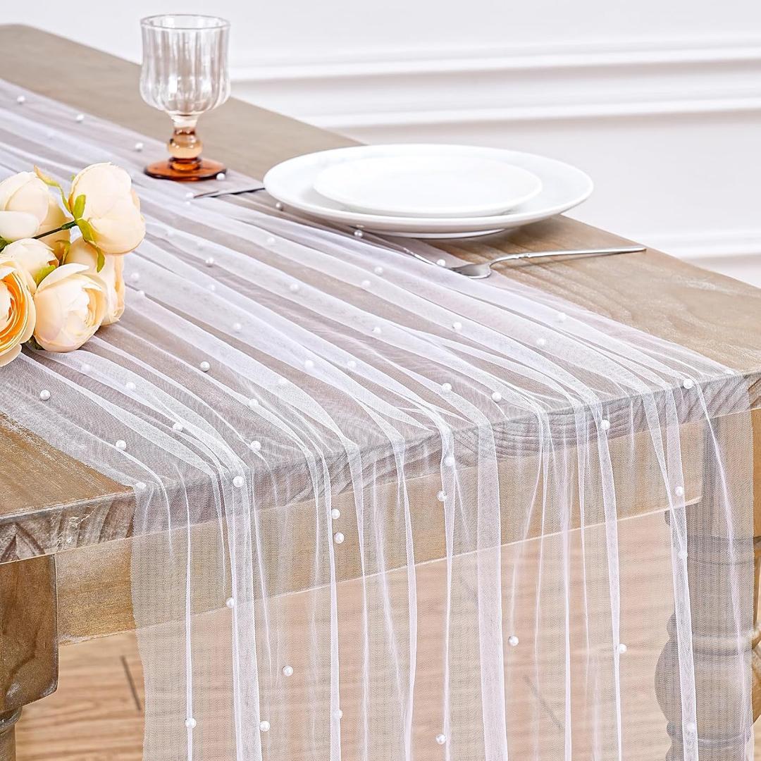 White Pearl Table Runner Tulle: 10ft Pearl Kitchen Linen 3pcs 29x120 Inch Sheer Gauze Fabric for Wedding Decor Birthday Party Dining Table Cover