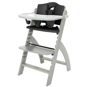 Abiie Beyond Junior Wooden High Chair for Babies and Toddlers - Convertible 3-in-1 Baby Highchair with Removable Tray - 6 Months to 250 Lb - Water Resistant - Misty Grey Wood/Black Pearl Cushion