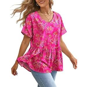 YESNO Women's Summer Tops Casual V Neck Babydoll Blouses Floral Short Sleeve Peplum Shirts L TH2 CR026