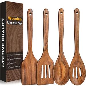 4Pcs Wooden Spatula for Cooking, Acacia Wooden Spatula for Kitchen Use, Nonstick Cookware Safe Utensils Set for Cooking, Mixing, Serving, Draining, Ideal Cooking Utensils Gift