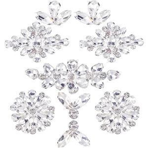 FINGERINSPIRE 9PCS 5 Style Iron on Glass Rhinestone Applique Flower Leaf Rhombus Pattern Clear Crystal Cabochons Applique Wedding Hotfix Rhinestone Patch for Bridal Dress Decor,0.6~2.6x0.9~3.6 inch