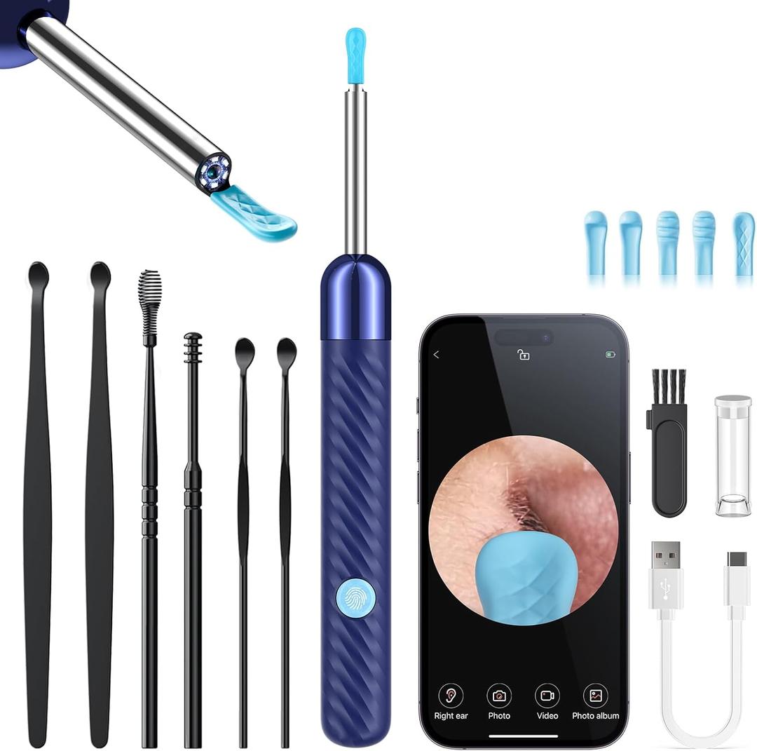 Ear Wax Removal Tool Camera - Ear Cleaner with Camera,1080P Otoscope, Ear Cleaning Tool with 6 Ear Spoon, Ear Camera for iPhone & Android Phones - Blue