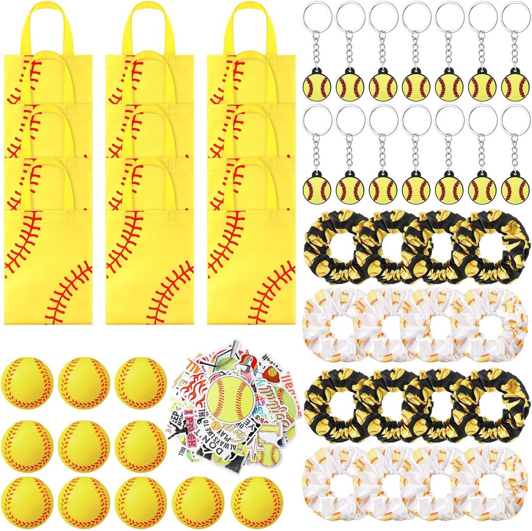 146 Pcs Softball Gifts for Team Bulk Softball Party Favors 24 Goodie Bags 24 Keychains 50 Stickers 24 Hair Ties 24 Sports Stress Ball for 24 Players Team Gifts