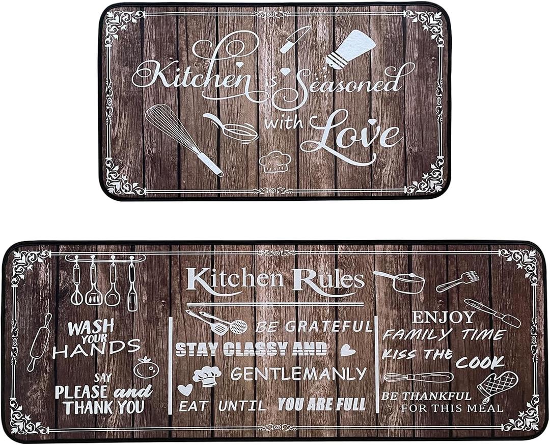 Brown Kitchen Rugs,Non Skid Washable Microfiber mats for Kitchen Floor, Kitchen Rules Theme Cushioned Runner Rug Decor Sets of 2 Pieces,17"x 47"+17"x 30"